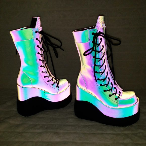 Void Purple Green Reflective Platform Wedge Mid Calf Goth Festival Boots NEW - Picture 3 of 17